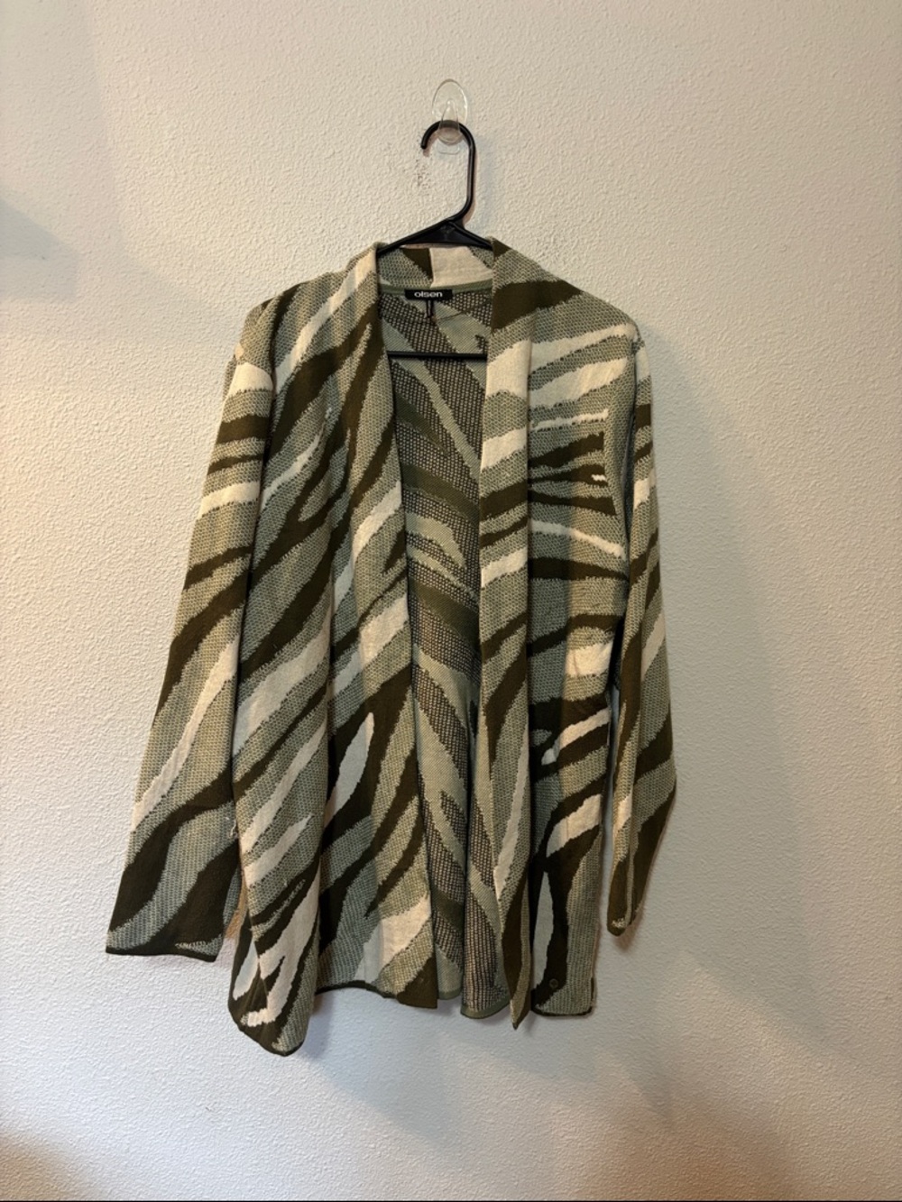 Olsen Olive & Cream Zebra Print Open Front Cardigan